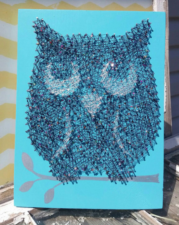 String Art Glitter Owl on Teal Blue. Unique Gift Idea Handmade by Nailed It Design.