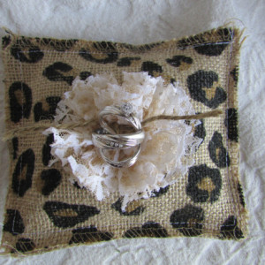Burlap and Lace Wedding Ring Pillow with Coffee Stained Vintage Lace Flower Twine Rope Tie