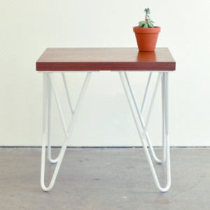 Contemporary  Wood and Metal End Table - Solid Hardwood Sapele Top with White Steel Powder Coated Legs - Modern Unique Hairpin legs