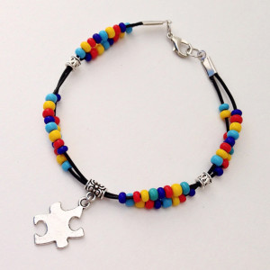 Autism Awareness Bracelet, Autism Beaded Leather Bracelet, Support Autism Puzzle Piece Charm, Asperger Syndrome Braclet ASD