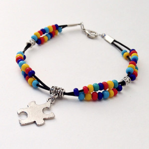 Autism Awareness Bracelet, Autism Beaded Leather Bracelet, Support Autism Puzzle Piece Charm, Asperger Syndrome Braclet ASD