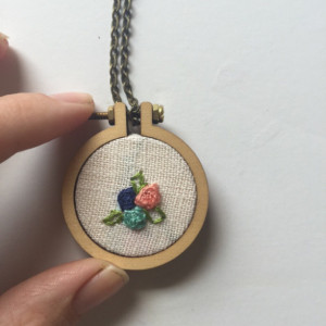 Hand Embroidery Floral Necklace Wooden Hoop Necklace Pink and Green Flower Pendant Statement Jewelry Under 50 Embroidered Jewelry