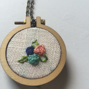 Hand Embroidery Floral Necklace Wooden Hoop Necklace Pink and Green Flower Pendant Statement Jewelry Under 50 Embroidered Jewelry