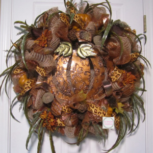 Fall Copper Pumpkin Wreath, Fall Deco Mesh Cooper Pumpkin, Fall Deco Mesh Wreath Metal Pumpkin