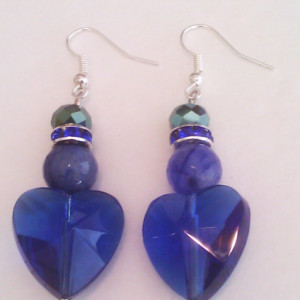 Sapphire color Quartz glass heart and blue Jade earrings