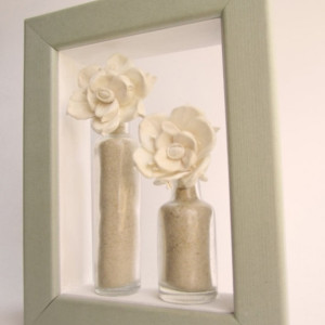 SOLD!!! Repurposed Shadow Box with Antique, Apothecary Glass Bottle and Tapioca Wood Flower Display