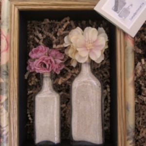 SOLD!!! Floral Frame Display and Apothecary, Antique Glass Bottle Shadow Box and Silk Flowers