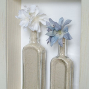 Apothecary Shadow Box Antique Glass Bottles with White & Periwinkle Flower Display