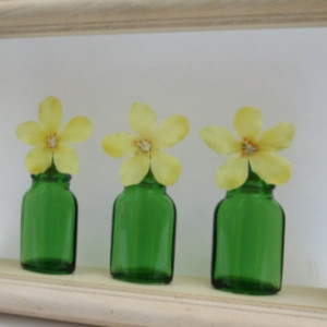 Shadow Box Art Green Glass Bottles and Yellow Silk Flower Wall Decor