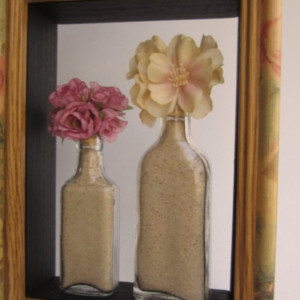 SOLD!!! Floral Frame Display and Apothecary, Antique Glass Bottle Shadow Box and Silk Flowers