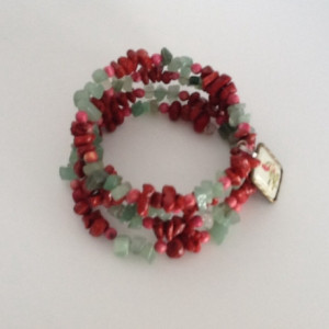 Red Coral and Green Aventurine Wire Wrap Bracelet with Bird Charm