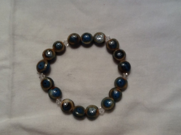 Turquoise and Brown Ceramic and Crystal Elastic Bracelet