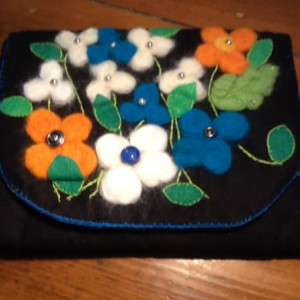 Black Clutch Bag with Felted Flowers