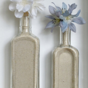 Apothecary Shadow Box Antique Glass Bottles with White & Periwinkle Flower Display