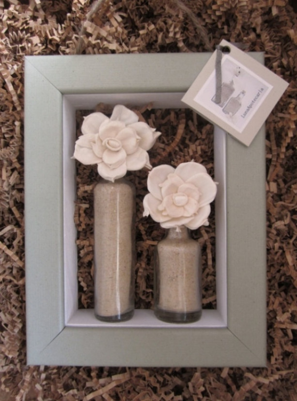 SOLD!!! Repurposed Shadow Box with Antique, Apothecary Glass Bottle and Tapioca Wood Flower Display