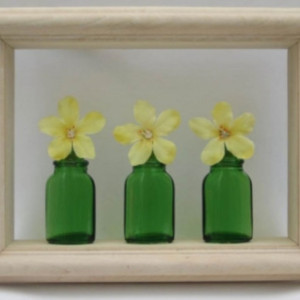 Shadow Box Art Green Glass Bottles and Yellow Silk Flower Wall Decor