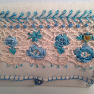 Ivory felted wool wallet with blue silk embroidery