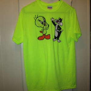 Fluorescent yellow tshirt, handpainted w/ Tweety & Sylvester