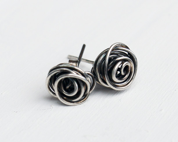 Rose Bud Sterling Silver Earrings, Posts, Oxidized Metal