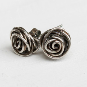 Rose Bud Sterling Silver Earrings, Posts, Oxidized Metal