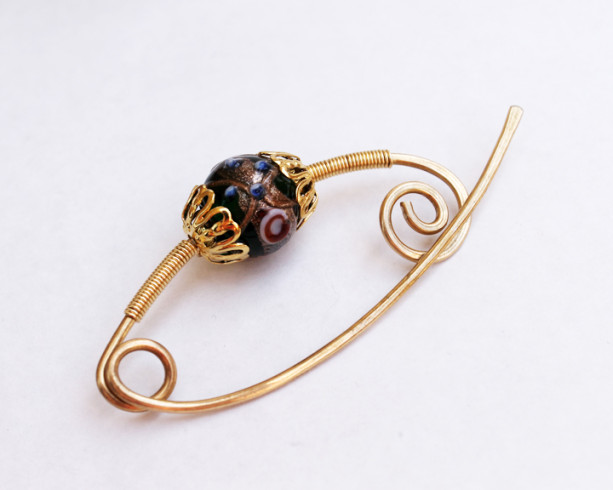Golden Brass shawl Scarf pin with lampwork bead