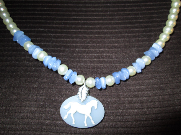 Oval Porcelain Cameo Horse pendant necklace with pearls and lazuli beads& more