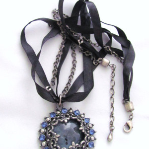 Upcycled Ribbon and Chain Moroccan Inspired Pendant Necklace Blue 