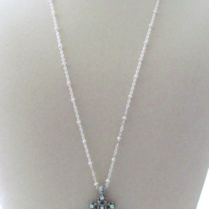 Simple Silver Cross Necklace Pendant Rhinestones Heart Silver Chain 