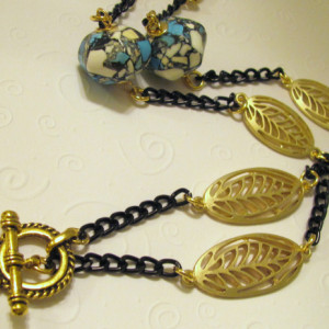 Cool Color Stone Beads and Gold Leaves Necklace with Black Chain