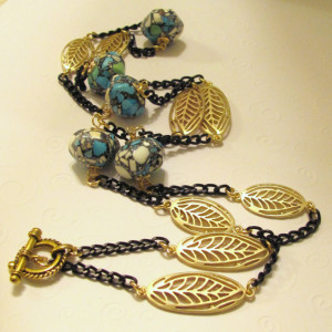 Cool Color Stone Beads and Gold Leaves Necklace with Black Chain