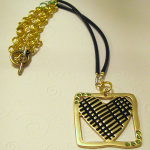 Gold Heart Necklace with Black Rubber, Handmade Chain and Hints of Green