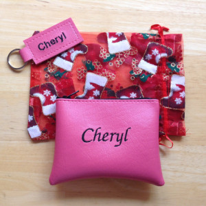 Embroidered Wallet and keychain with Christmas organza stocking gift bag