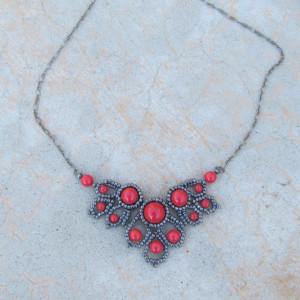 Gunmetal and Red Beaded Filigree Necklace