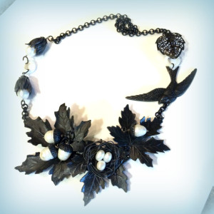 Black and Pearl, Leaf and Bird Assemblage Nacklace