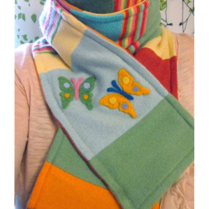 CASHMERE Scarf Butterfly Appliques - Made to Order - 65 inches Long Patchwork Scarf. Needle-felted appliqués. Soft Warm