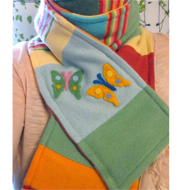 CASHMERE Scarf Butterfly Appliques - Made to Order - 65 inches Long Patchwork Scarf. Needle-felted appliqués. Soft Warm