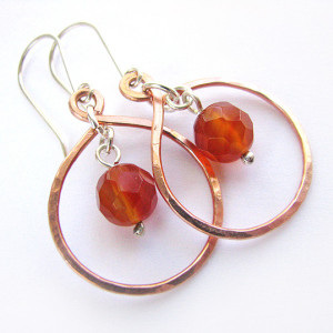 Copper Loop Earrings with Carnelian Faceted Bead and sterling silver