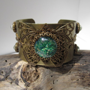 Large Brass Filigree and Green Glass Opal Cuff *35% off* (Was $65)