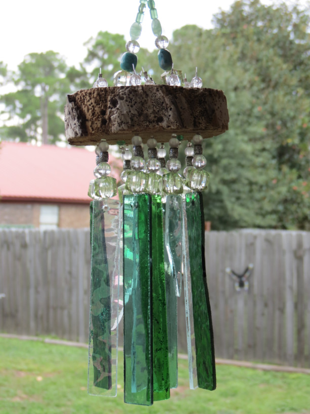 Green and irridescent glass chimes