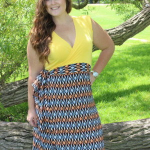 Large Julie wrap dress with yellow top and patterned skirt