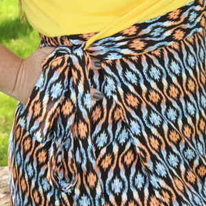 Large Julie wrap dress with yellow top and patterned skirt