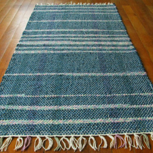 Handwoven Rag Rug Runner - Turquoise/teal with pink, blue, yellow, & green / Eco-Friendly, upcycled