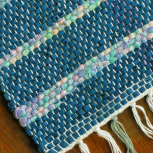 Handwoven Rag Rug Runner - Turquoise/teal with pink, blue, yellow, & green / Eco-Friendly, upcycled