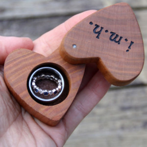 Heart Shaped Wood Ring Box- Handmade and Hand Engraved