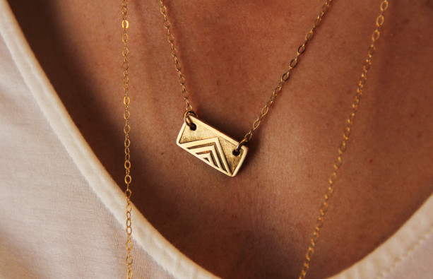 Tribal Pendant Necklace. Solid Bronze Wood Block Hand Stamped Jewelry