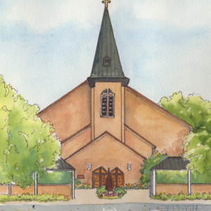 Wedding venue portrait in watercolor with ink detailing
