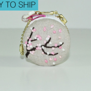 Macaron Coin Purse - Bag or Key Charm - Cherry Blossoms on Linen