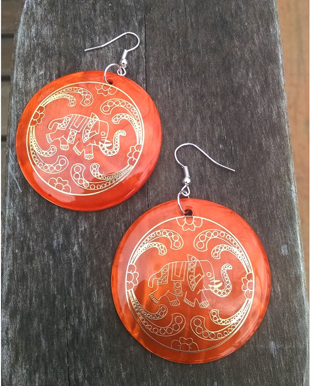 Large Orange Boho Earrings with Gold Elephant Detail