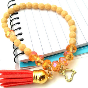 Orange Stackable, Two Toned Bracelet, Simple Chic Bracelet, Orange Tassel, Orange Gold Charm, Melon Bead Bracelet, Simple Boho Bracelet