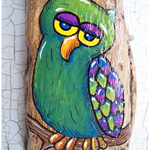  Sleepy GREEN Owl Special Get to Know ME pricing Hand Painted Driftwood Original Folk Art painting Whimsical Lake Erie Coastal Whimsy 